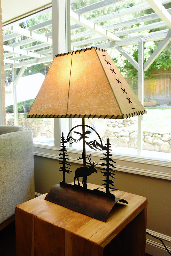 Rustic Elk Table Lamp with Faux Rawhide Shade