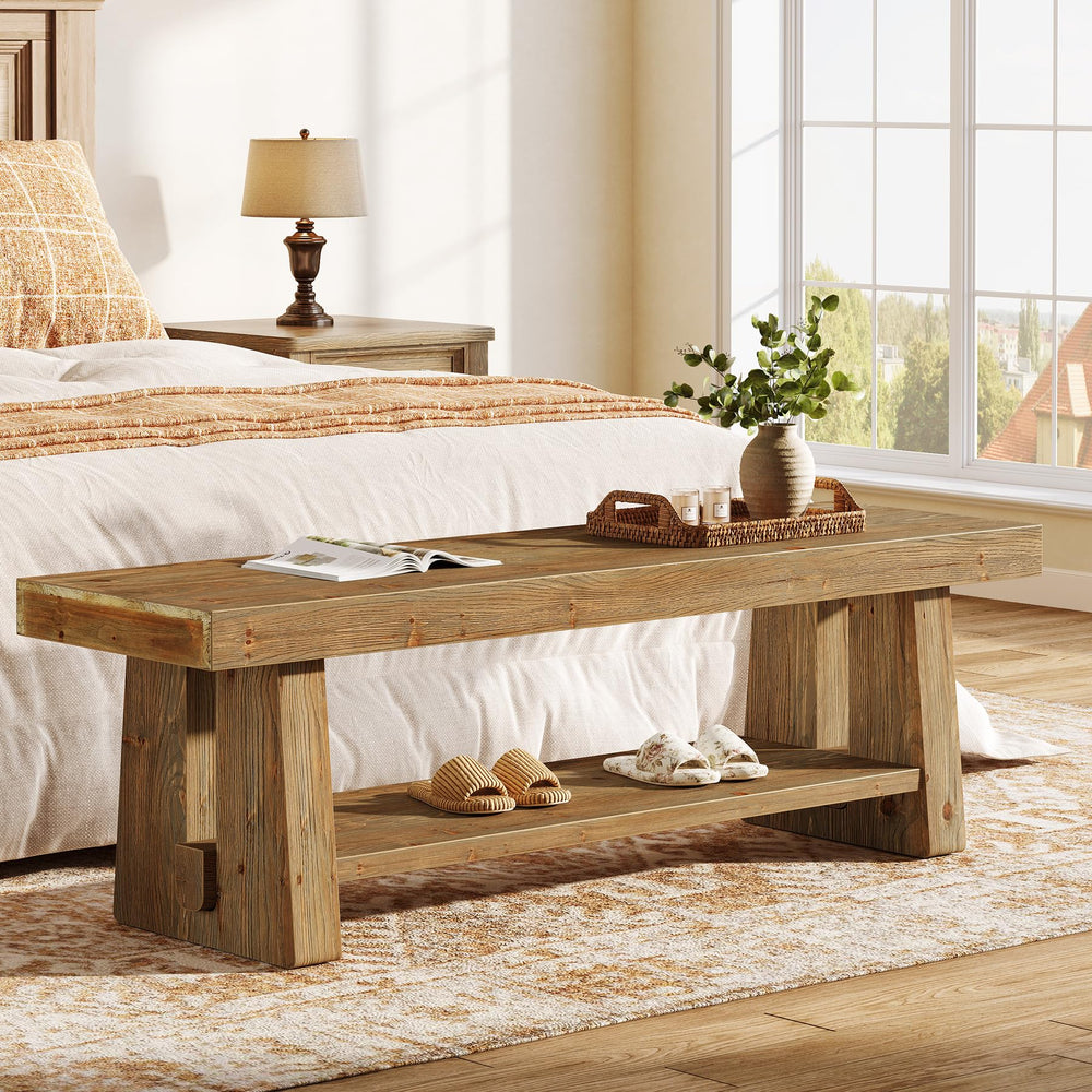 Solid Wood Entryway Bench with Open Shelves