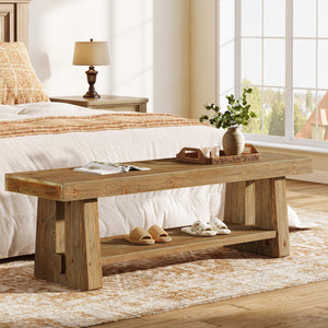Solid Wood Entryway Bench with Open Shelves