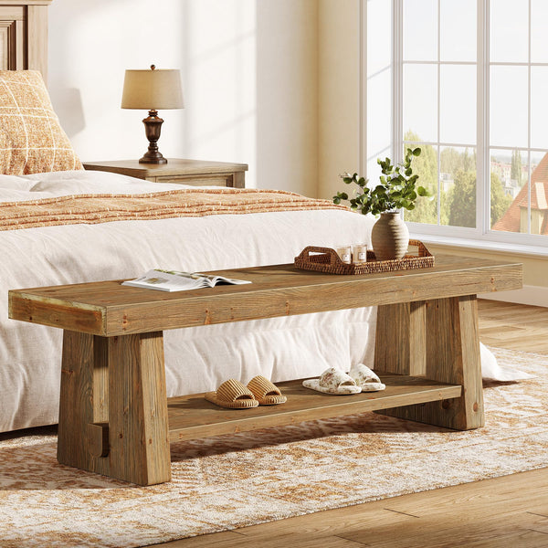 Solid Wood Entryway Bench with Open Shelves