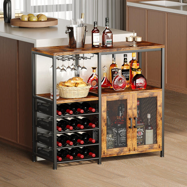 Rustic Industrial Bar Cabinet with Wine Rack and Storage