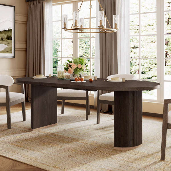 Oval Top Dining Table – Pedestal Base, Seats 6, Dark Brown