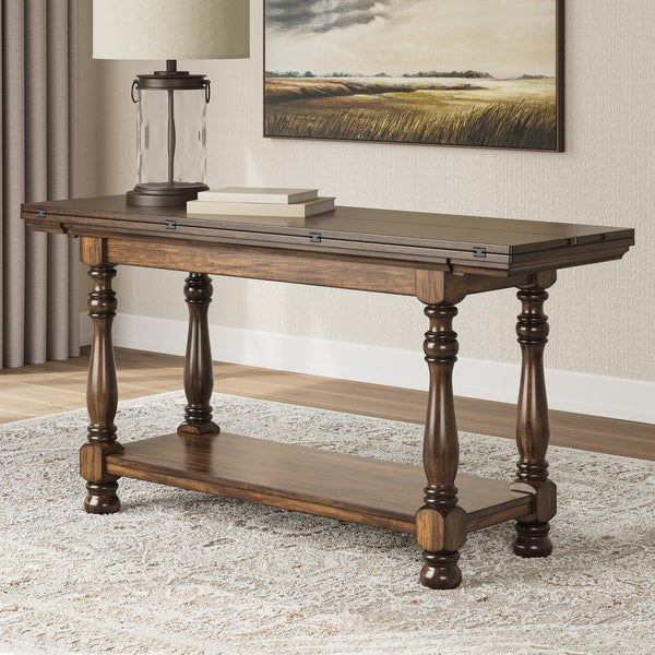 Dark Brown Flip Top Sofa Table with Shelf & Turned Legs