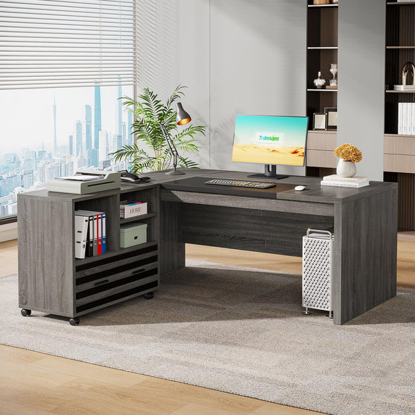 L-Shaped Executive Desk with Mobile File Cabinet