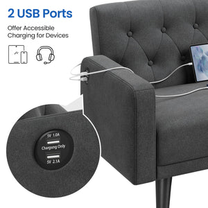 63" Convertible Futon Sofa Bed with USB Ports & Reclining Backrest