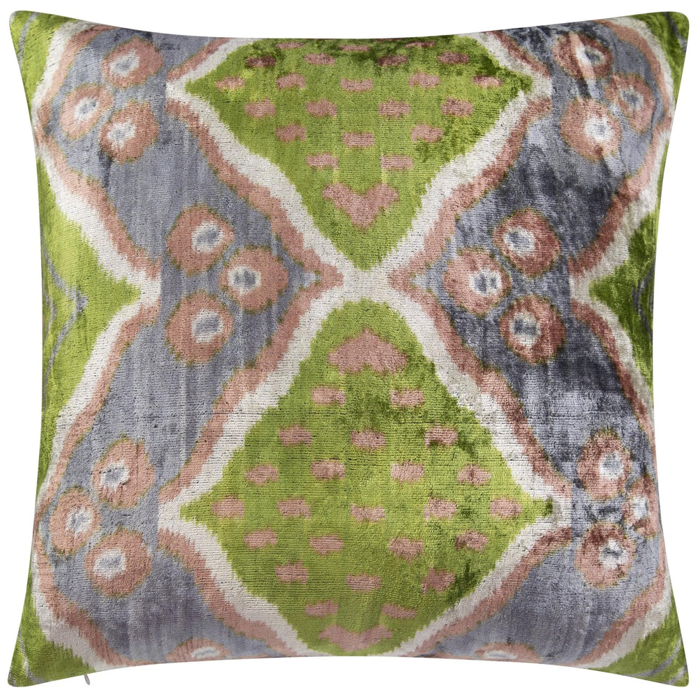 Velvet Throw Pillow – 20x20 Ikat Pattern | Green, Gray & Beige