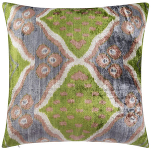 Velvet Throw Pillow – 20x20 Ikat Pattern | Green, Gray & Beige