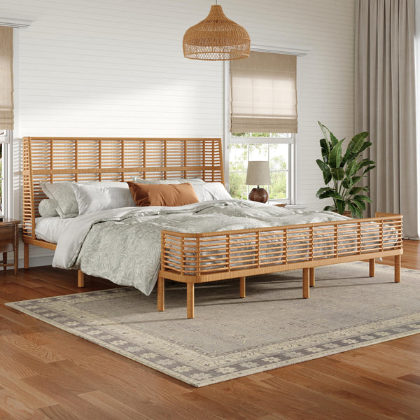 Boho Rattan Platform Bed Frame with Wingback Headboard