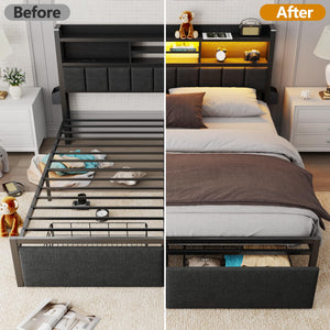 Platform Bed Frame with LED Lights, Storage Drawers & Charging Station