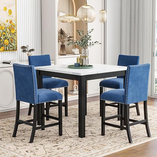 5-Piece Counter Height Dining Table Set for 4 – Solid Wood & Upholstered Linen Chairs