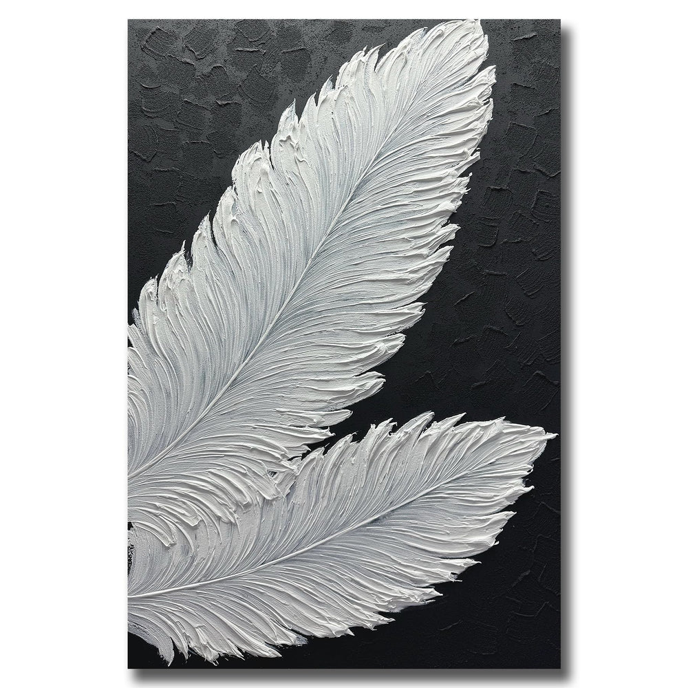 Hand-Painted Black & White Abstract Feather Oil Painting on Canvas – Framed & Ready to Hang
