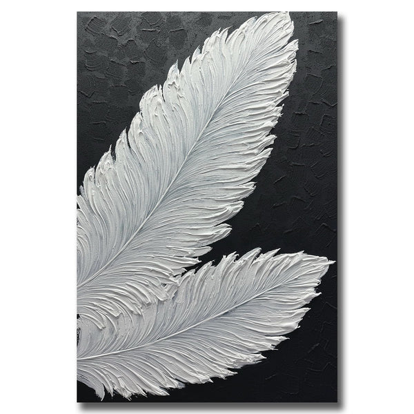 Hand-Painted Black & White Abstract Feather Oil Painting on Canvas – Framed & Ready to Hang