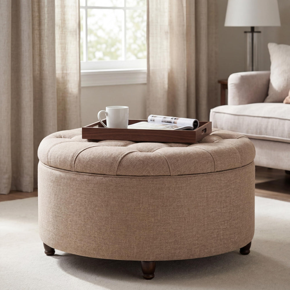 28" Round Storage Ottoman with Wooden Legs