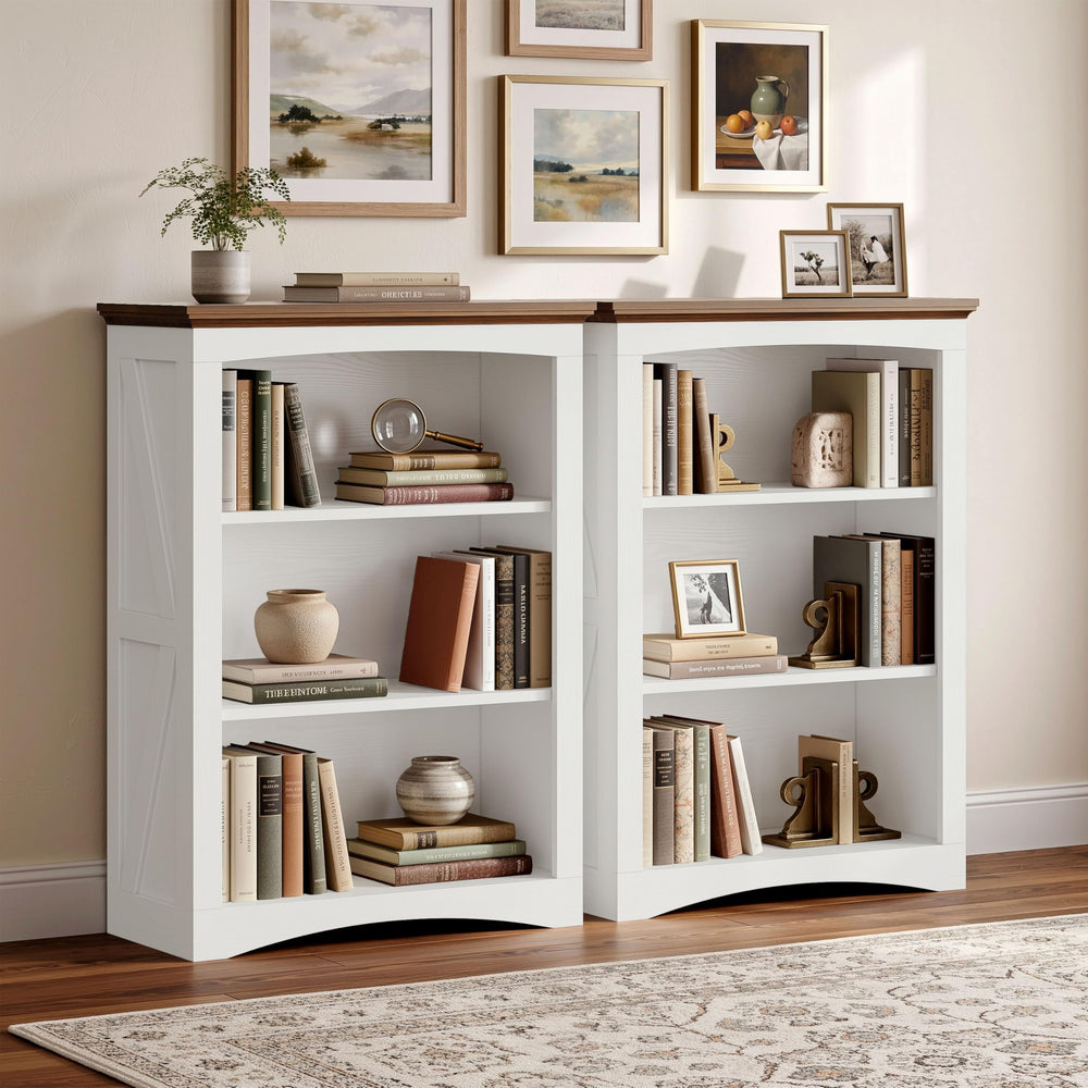 3-Tier Farmhouse Bookshelf, 43" Tall Wide Floor Standing Bookcase