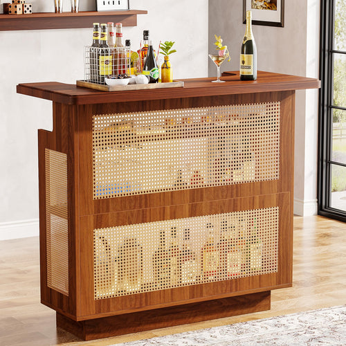 Farmhouse Rattan Bar Cabinet with Stemware Racks