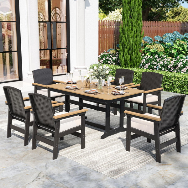 7-Piece HDPE Outdoor Dining Set with Wicker Rattan Chairs & Waterproof Cushions