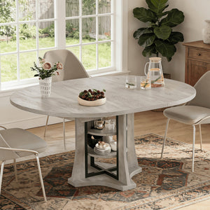 43.3''-59'' Round Extendable Dining Table for 4-6, Modern Kitchen Extendable Dining Room Table with 2-Tier Storage Shelves, Round Oval Dinner Table with Storage for Kitchen Living Room