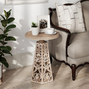 Round Carved Floral End Table – Rustic Farmhouse Accent Table