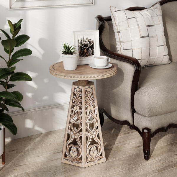 Round Carved Floral End Table – Rustic Farmhouse Accent Table