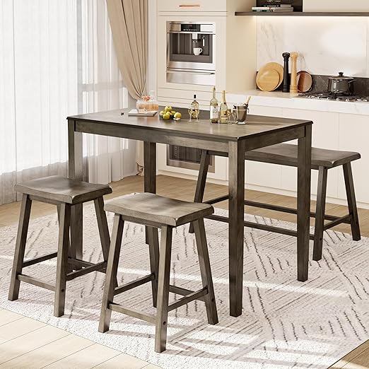 Counter Height Dining Table Set for 4 with Bench – Solid Wood Farmhouse Kitchen Table