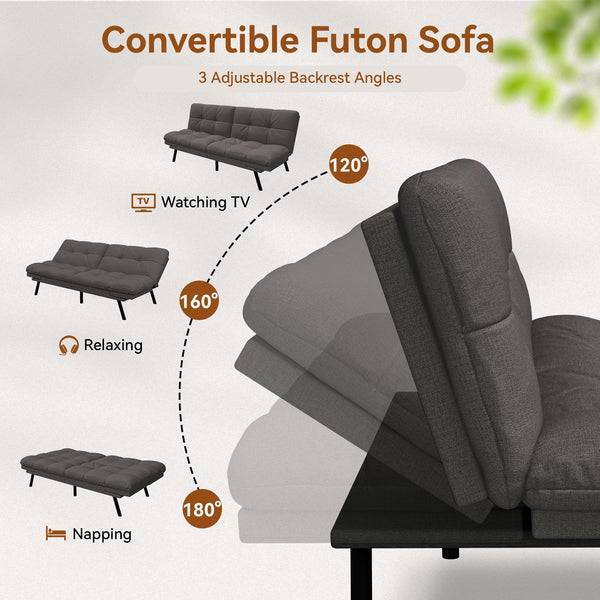 Convertible Futon Sofa Bed – Grey Linen with Adjustable Backrest & Armrests