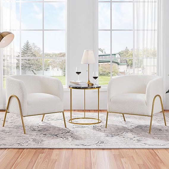 Boucle Barrel Accent Chair with Gold V-Legs