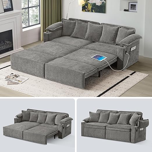King Size Pull-Out Sofa Bed – 4-in-1 Convertible Sleeper with USB Ports & Storage