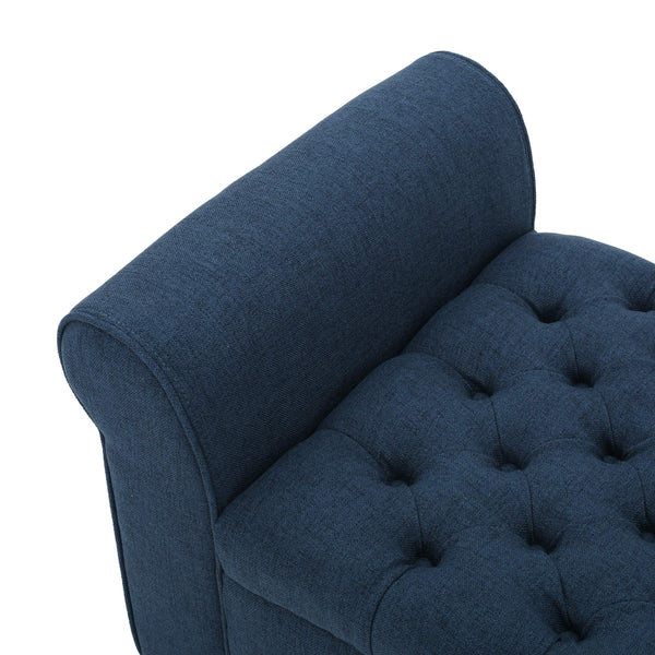 Button-Tufted Fabric Storage Ottoman Bench with Rolled Arms