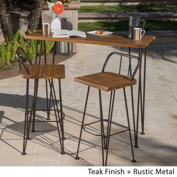 Outdoor Acacia Wood Bar Set with Wrought Iron Frame