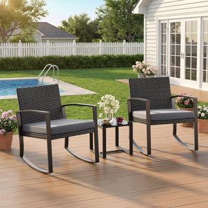 3-Piece Outdoor Rattan Rocking Bistro Set with Coffee Table