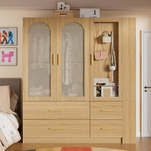 3-Door Rattan Armoire Wardrobe with LED Mirror & Drawers