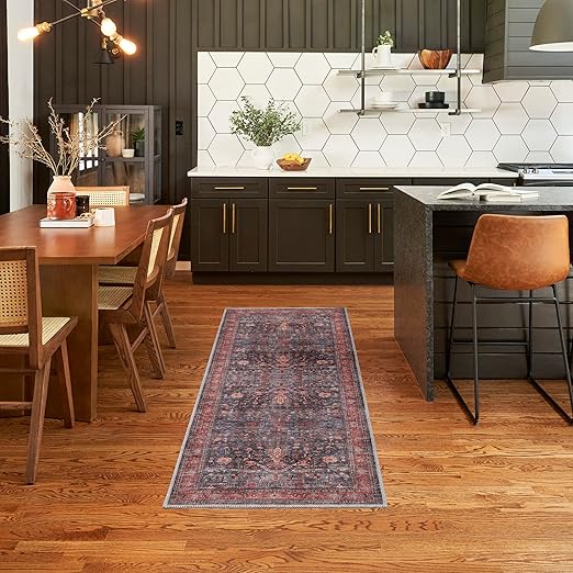 Machine Washable Persian Area Rug – Navy & Brick