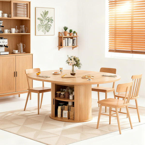 63 Inch Extendable Round Dining Table with 2-Tier Storage Shelf