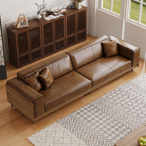 Mid-Century Modern Leather Sofa 3-Seat with Wooden Accents, Brown