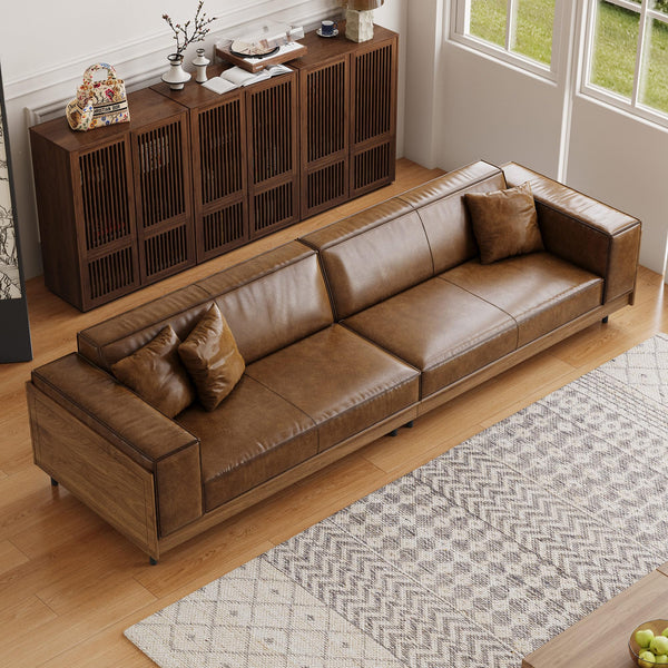 Mid-Century Modern Leather Sofa 3-Seat with Wooden Accents, Brown