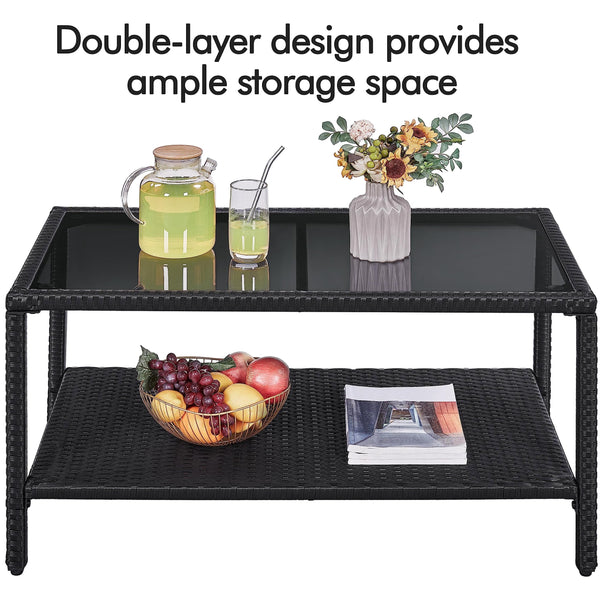 Rattan Wicker Coffee Table with Tempered Glass Top