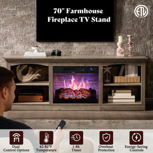 70" Fireplace TV Stand with Open Shelves – Rustic Grey
