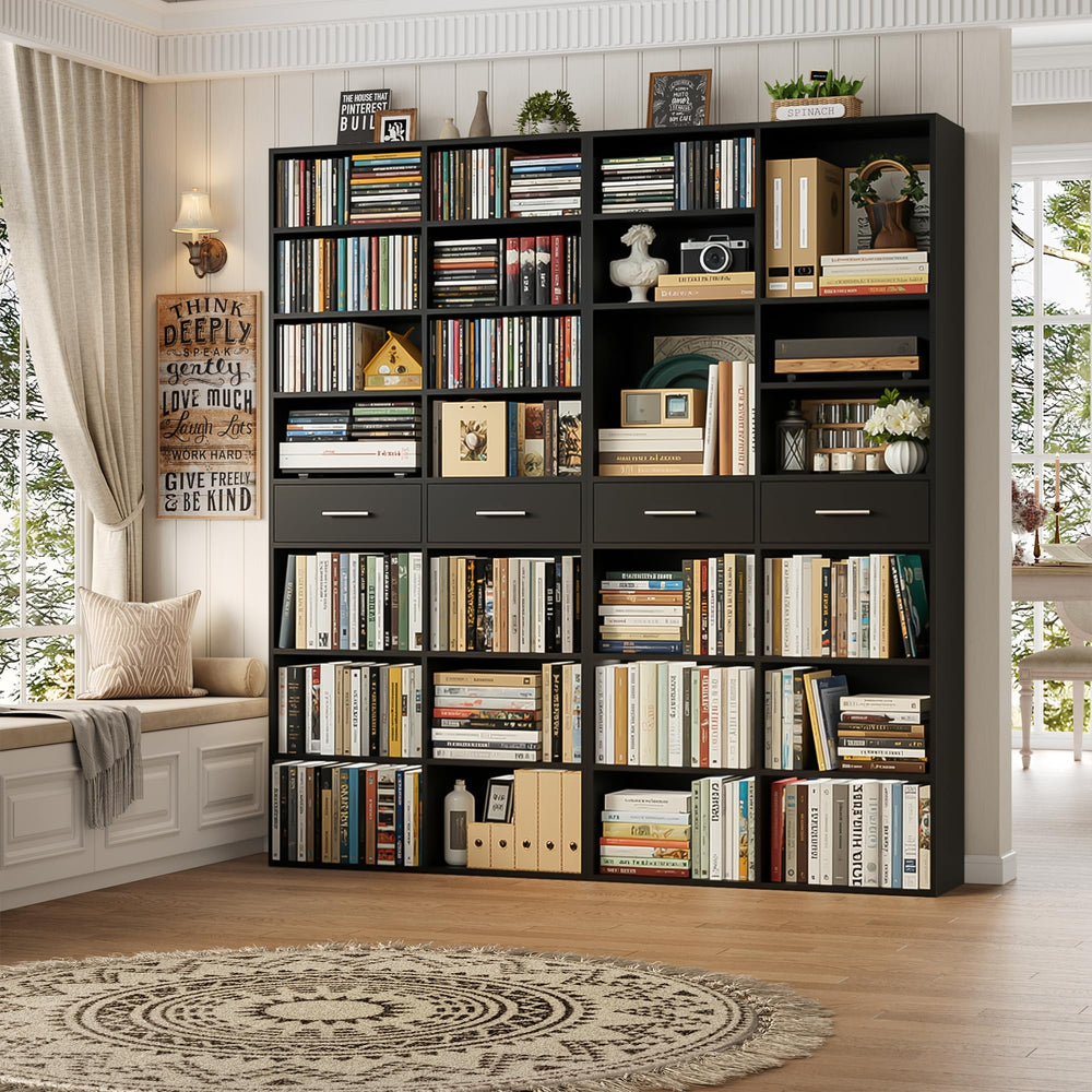 Tall Bookshelf with Drawers – 7-Tier Double Wide Bookcase