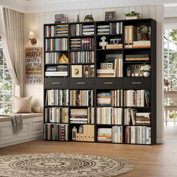 Tall Bookshelf with Drawers – 7-Tier Double Wide Bookcase