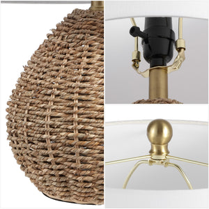 Brown Rattan LED Table Lamp with White Linen Drum Shade