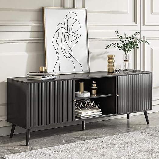 Mid Century Modern TV Stand with Sliding Doors and Storage