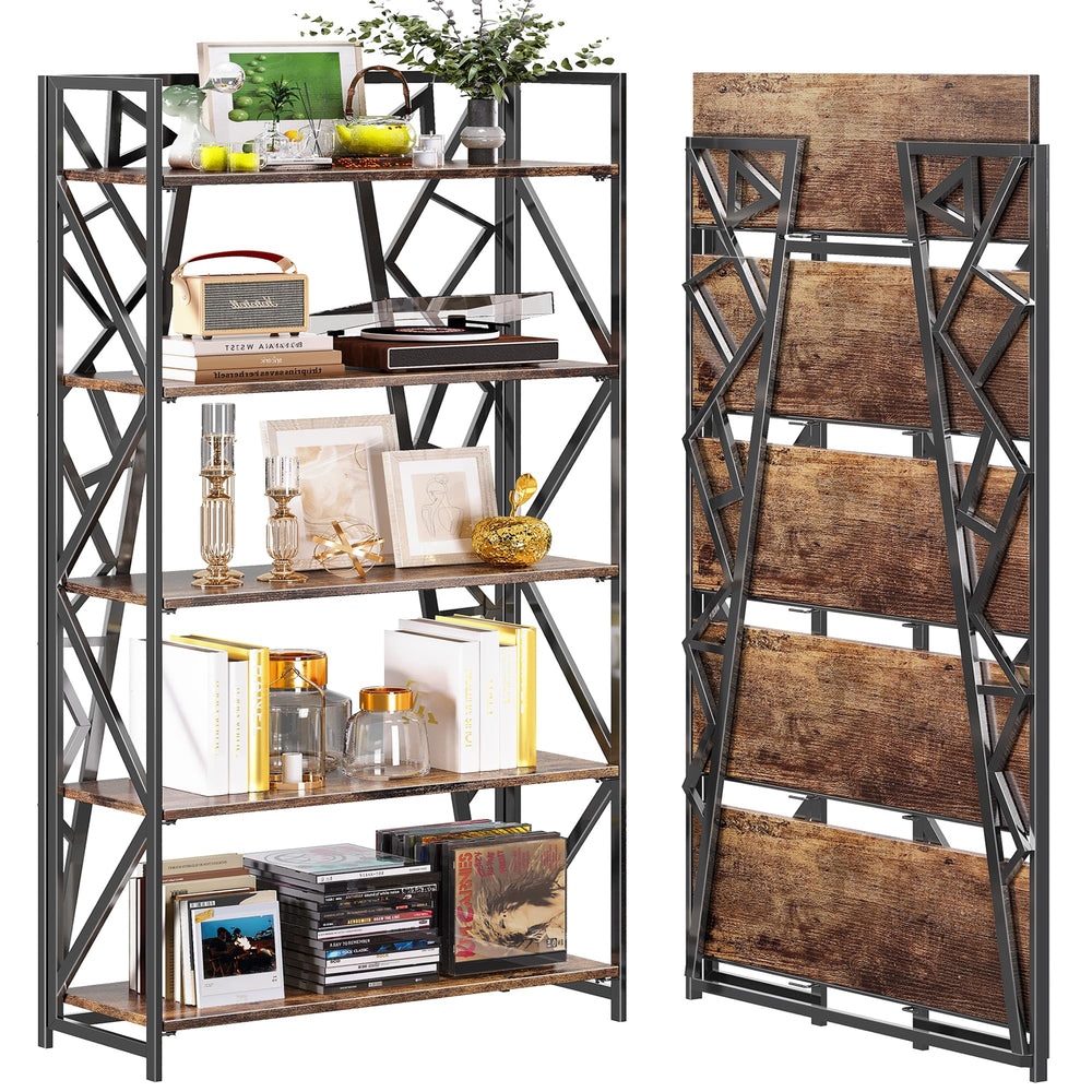 5-Tier Folding Bookshelf, No-Assembly Industrial Storage Shelves