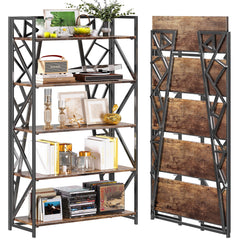 5-Tier Folding Bookshelf, No-Assembly Industrial Storage Shelves