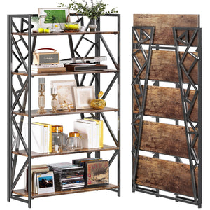 5-Tier Folding Bookshelf, No-Assembly Industrial Storage Shelves