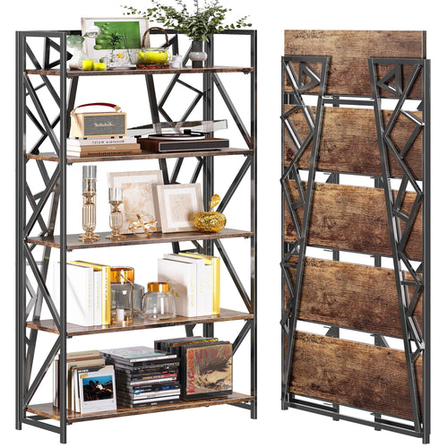 5-Tier Folding Bookshelf, No-Assembly Industrial Storage Shelves