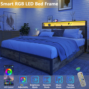 Metal Platform Bed Frame with Storage Headboard, Drawers & LED
