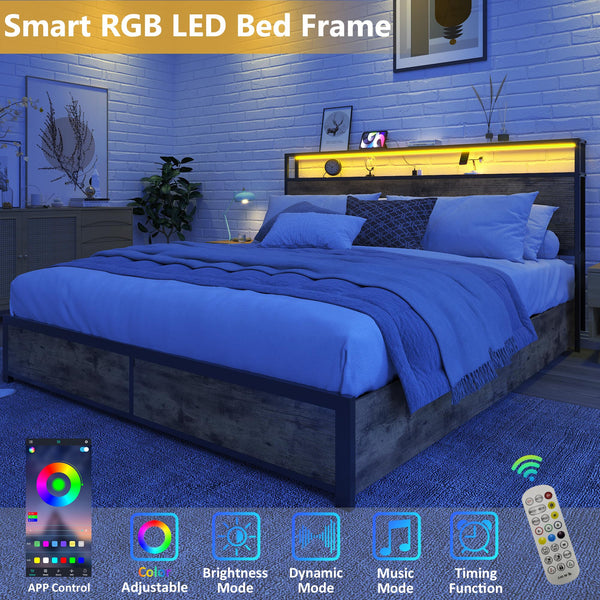 Metal Platform Bed Frame with Storage Headboard, Drawers & LED