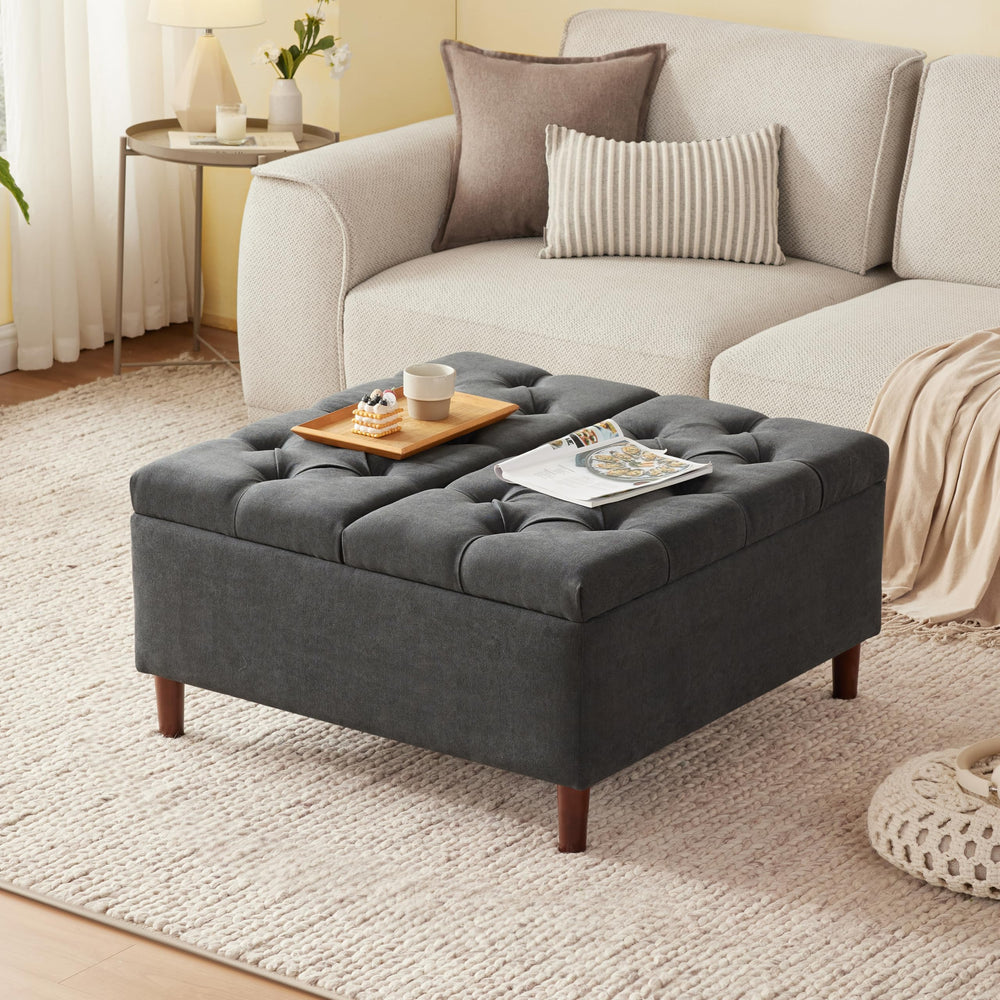Large Lift-Top Storage Ottoman Coffee Table – Square Tufted Upholstered Ottoman