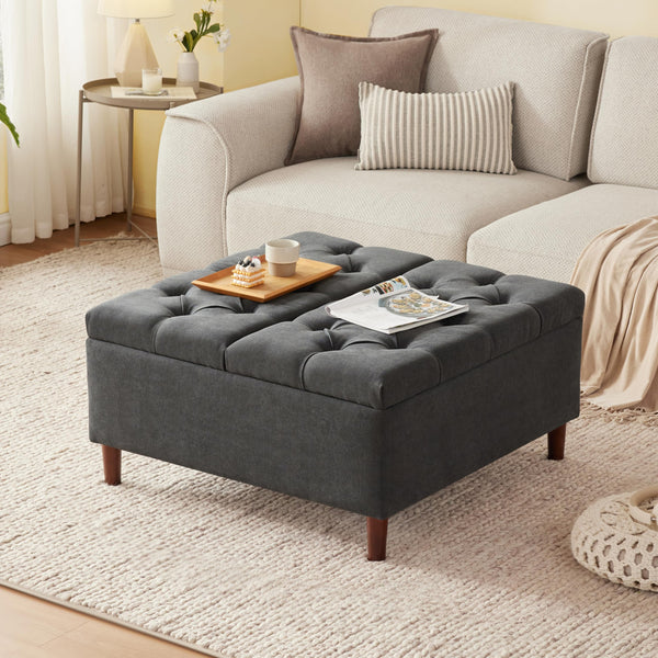 Large Lift-Top Storage Ottoman Coffee Table – Square Tufted Upholstered Ottoman