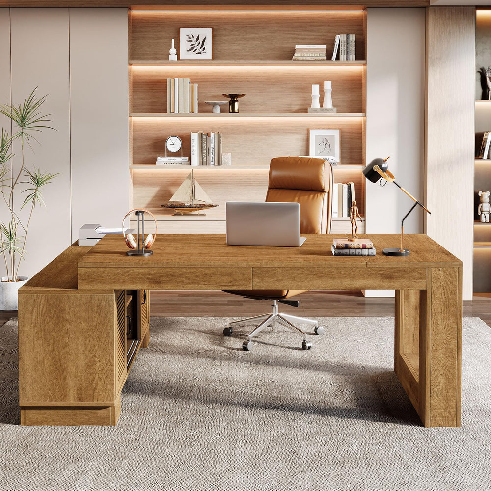 L-Shaped Executive Desk with Storage Cabinets & 2-Tier Shelf